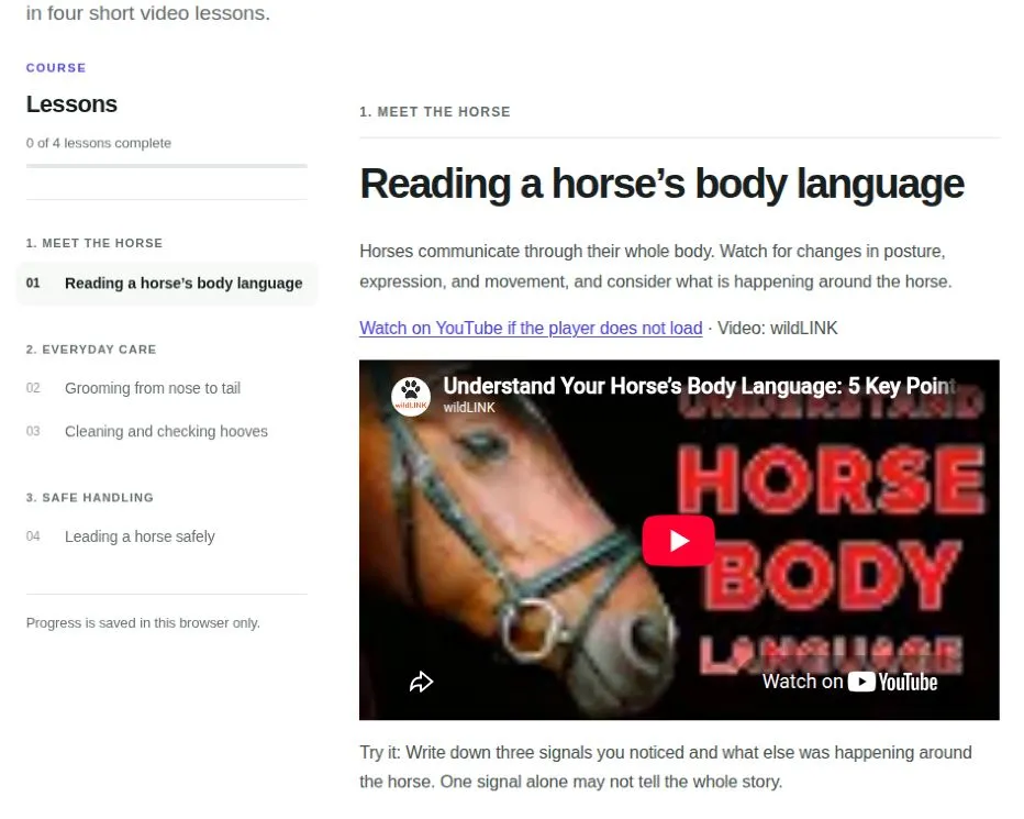 A lesson from the No LMS demo course with text, a video, and the lesson list.