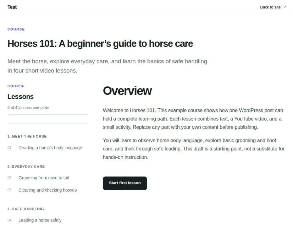 No LMS demo course Horses 101, with modules and lessons on the left and the introduction and start button on the right.